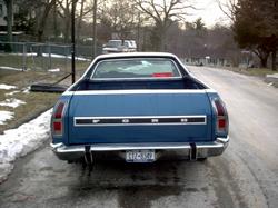1975 Ford Ranchero - Rear view of a 1975 Ford Ranchero, showing the tailgate and taillights.