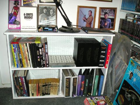 1984 Pontiac Fiero - A collection of Star Trek merchandise displayed on white shelving units.