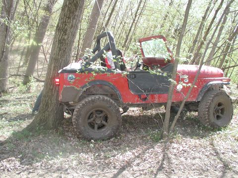 1992 Ford Bronco - A red Jeep is stuck between trees in a wooded area, covered in mud.