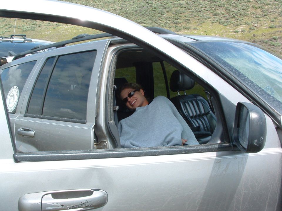 Woman leaning out of a silver SUV window, another vehicle behind it