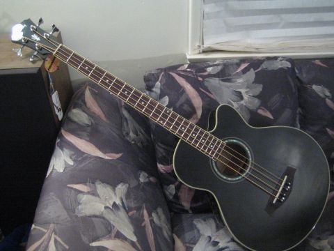 1968 Ford Mustang - Acoustic bass guitar with a black finish is placed on a couch with a floral pattern.
