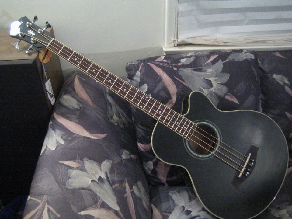 Black acoustic bass guitar with a pickguard and four strings, resting on a floral patterned couch
