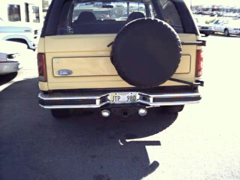 1982 Ford Bronco - Rear view of a 1982 Ford Bronco, showing the spare tire and license plate.