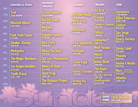 1991 Ford Bronco - Sunday schedule for Coachella festival, detailing artists and performance times across multiple stages.
