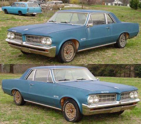 1964 Pontiac Tempest - This blue coupe features GTO badging and a distinctive grille, with other vehicles visible in the background.