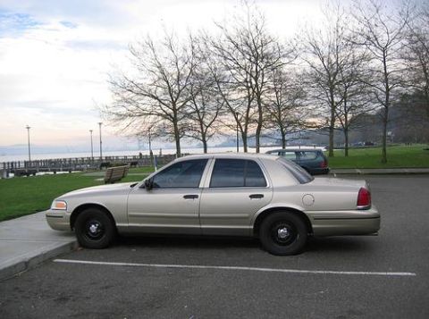 1999 Ford Crown Victoria - A tan 1999 Ford Crown Victoria sedan is parked by the water, with bare trees in the background.