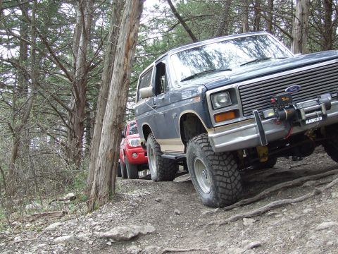 1986 Ford Bronco - Two SUVs, a 1986 Ford Bronco and a red SUV, navigate a rough, wooded trail.