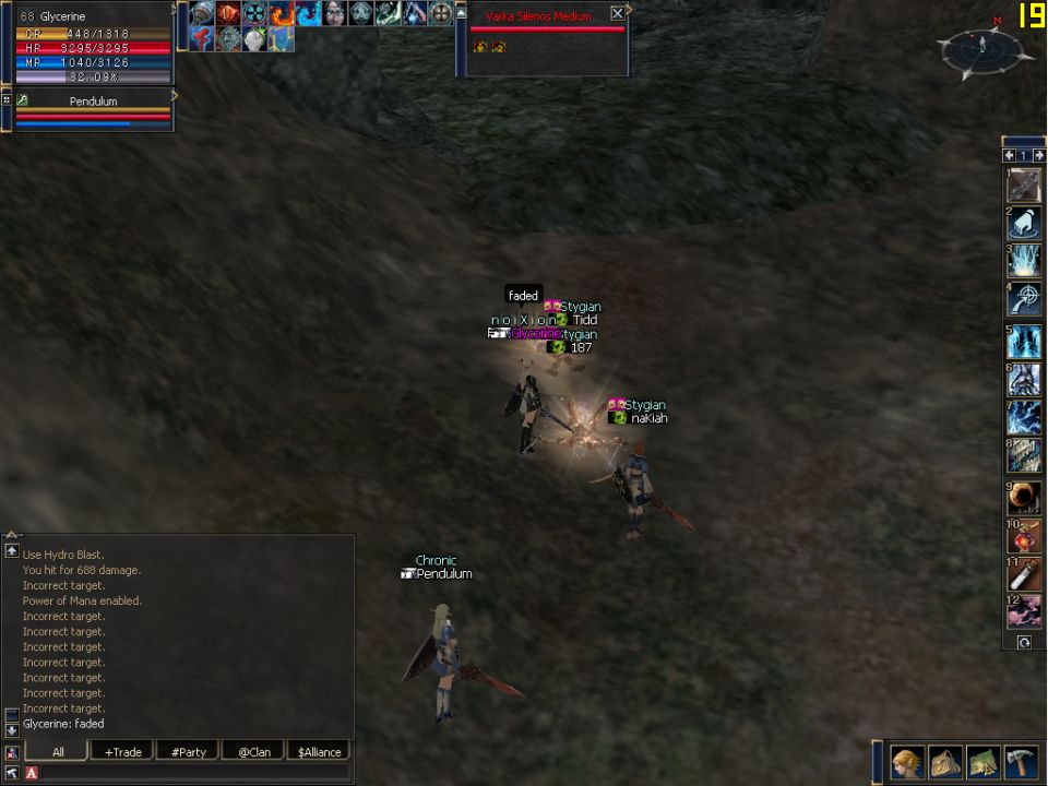 gameplay from an online role-playing game showing characters in a dark environment with text overlays