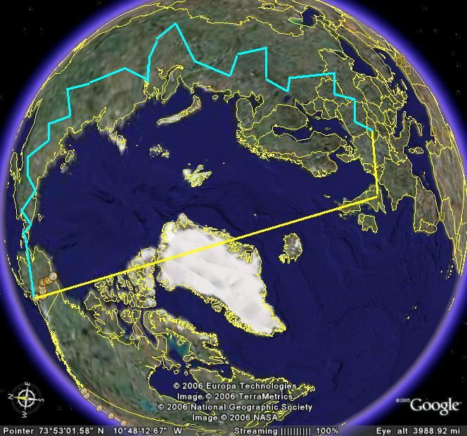 Satellite view of Earth showing two routes, one cyan and one yellow, over land and sea