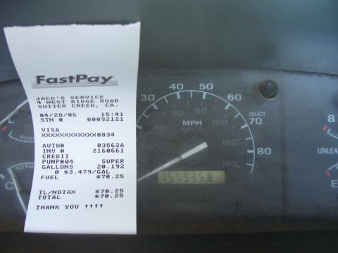 1994 Ford F-150 - A FastPay fuel receipt from Jack's Service in Sutter Creek, CA held against the instrument cluster, showing 20.192 gallons of Super at $3.4…