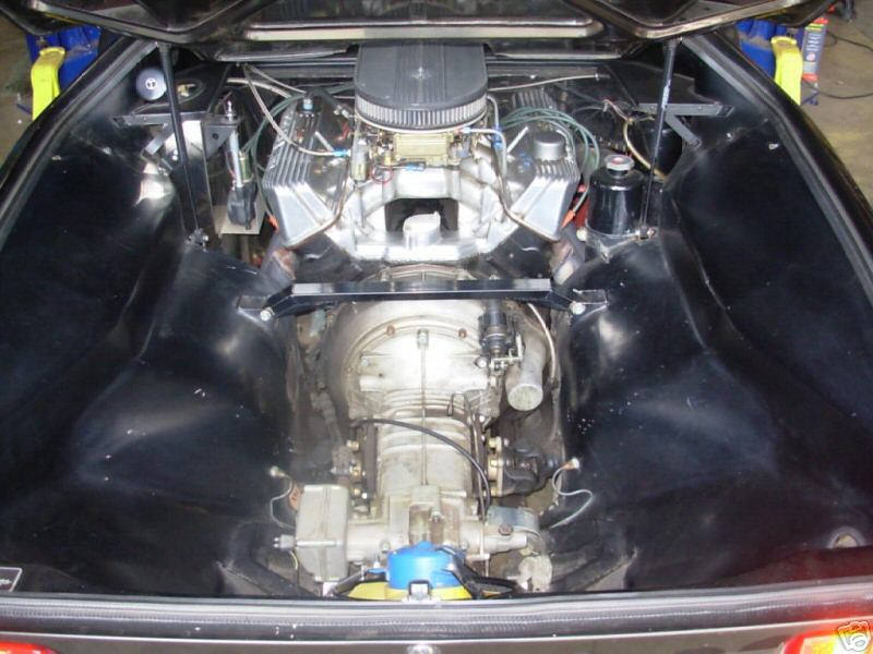 Mid-engine V8 with chrome air cleaner and transaxle in black-lined Pantera engine bay.