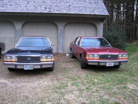 1991 Ford LTD Crown Victoria - Two Ford Crown Victorias, a black 1991 model and a red one, are parked side-by-side in front of a garage.