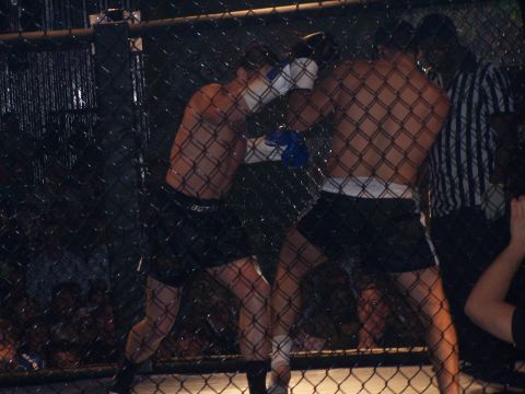 1979 Ford F-150 - A mixed martial arts match is underway inside a fenced ring, observed by a referee.
