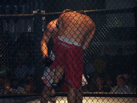 1979 Ford F-150 - Fighters grapple intensely within the confines of an MMA cage, observed through the diamond pattern of a chain-link fence.