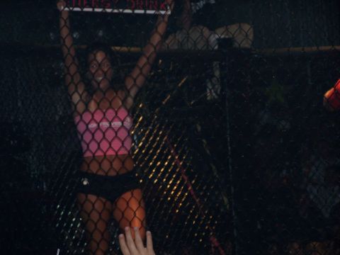 1979 Ford F-150 - A ring girl holds an 'ENERGY DRINK' sign in front of a cage at a fight event.
