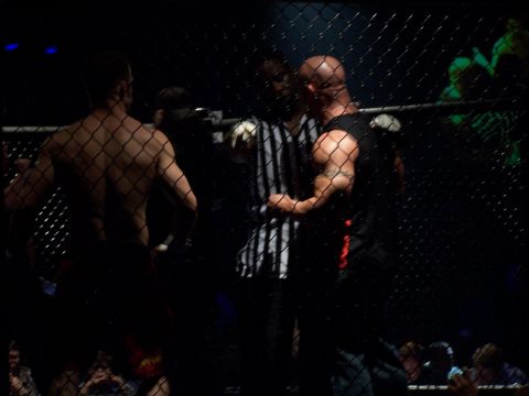 1979 Ford F-150 - Fighters and referee are visible inside an MMA cage, with spectators in the background.