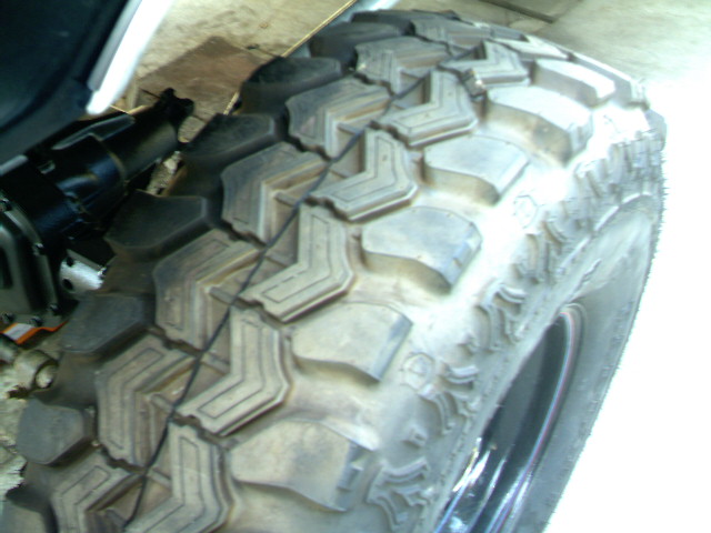 Close-up of aggressive off-road tire tread and suspension parts