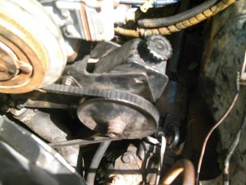 1986 Ford Bronco - This image shows a close-up view of the power steering pump and associated components within an engine bay.