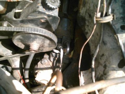 1986 Ford Bronco - Close-up view of engine components, including the power steering pump and drive belt.
