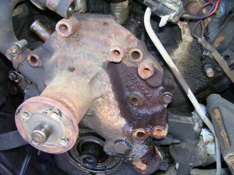 1984 Ford Bronco - Close-up of a corroded engine water pump, likely needing replacement.