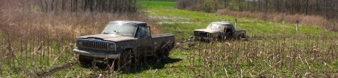 1979 Ford F-150 - Two trucks are stuck in a muddy field surrounded by dry grass and trees.
