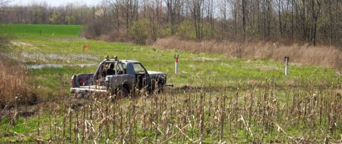 1979 Ford F-150 - This pickup truck appears to be stuck in a muddy field, surrounded by dry vegetation and trees.