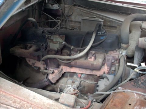 1965 Ford F-100 - The engine bay of a vehicle, showing the V8 engine, carburetor, and various hoses and wiring.