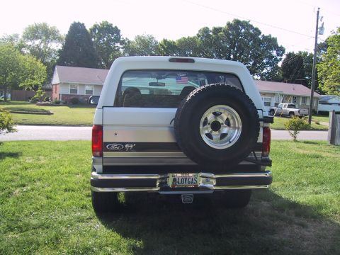 1994 Ford Bronco - Rear view of a 1994 Ford Bronco parked on a grassy lawn with houses in the background.
