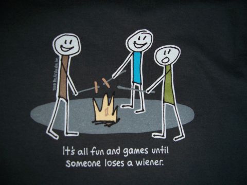1983 Ford Bronco - A humorous graphic depicts stick figures enjoying a campfire and hot dogs, with a witty caption about the potential for mishaps.