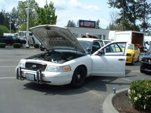 1999 Ford Crown Victoria - A white 1999 Ford Crown Victoria is displayed with its hood and driver's door open, revealing the engine compartment.