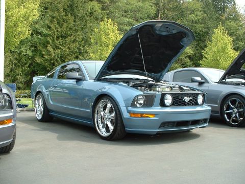 1999 Ford Crown Victoria - Two cars are parked outside with their hoods open, showing the engines.