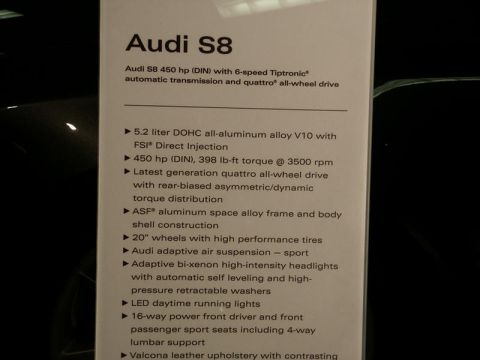 2001 Mercury Grand Marquis - This document details the specifications for the Audi S8, including engine size, horsepower, and features, with a Supermotors.net watermark.