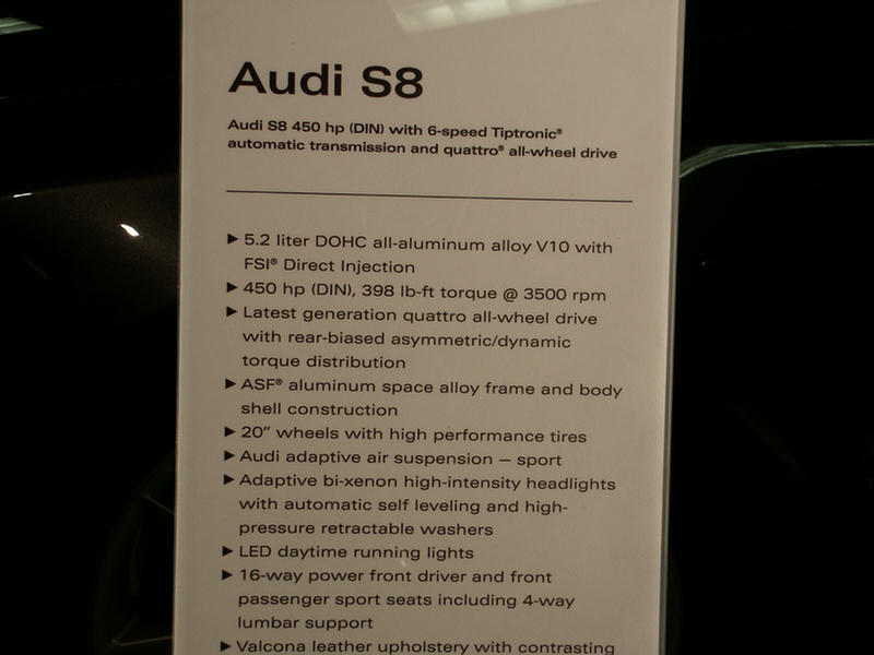 Audi S8 spec card listing engine and feature highlights