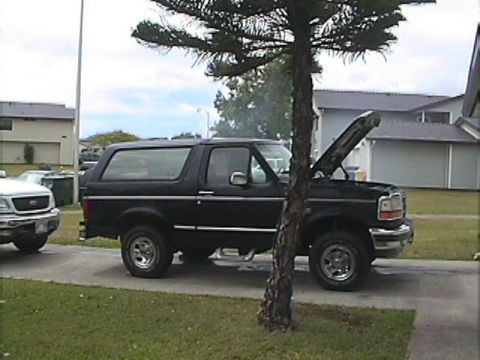 1994 Ford Bronco - A black SUV is parked on a driveway with its hood open, next to a white pickup truck.