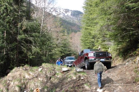 2006 Ford F-250 - Two trucks navigate a narrow, wooded dirt road with snow-capped mountains in the background.