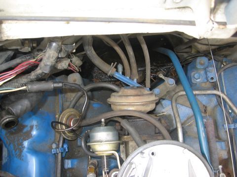 1979 Ford Bronco - Close-up view of engine bay components, including vacuum hoses and electrical wiring.
