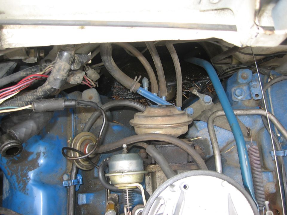 Engine bay with vacuum hoses and wiring visible