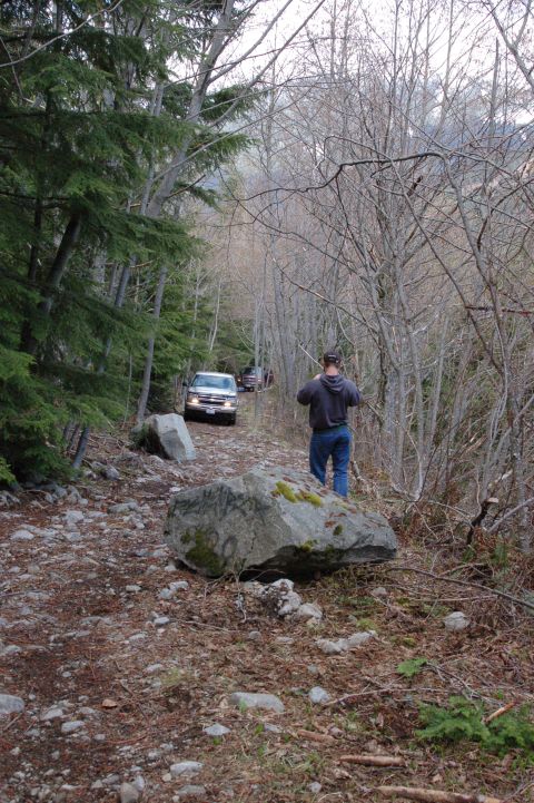 2006 Ford F-250 - A convoy of trucks navigates a challenging, rocky path through a dense forest.