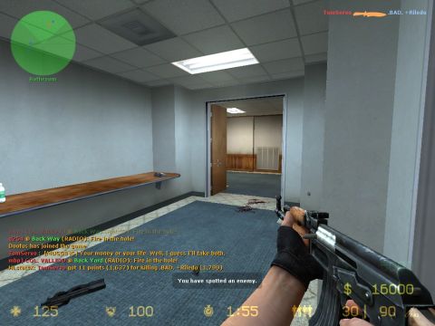 1969 Ford Mustang - A first-person view inside a building, showing a gun and various game interface elements, including player names and scores.