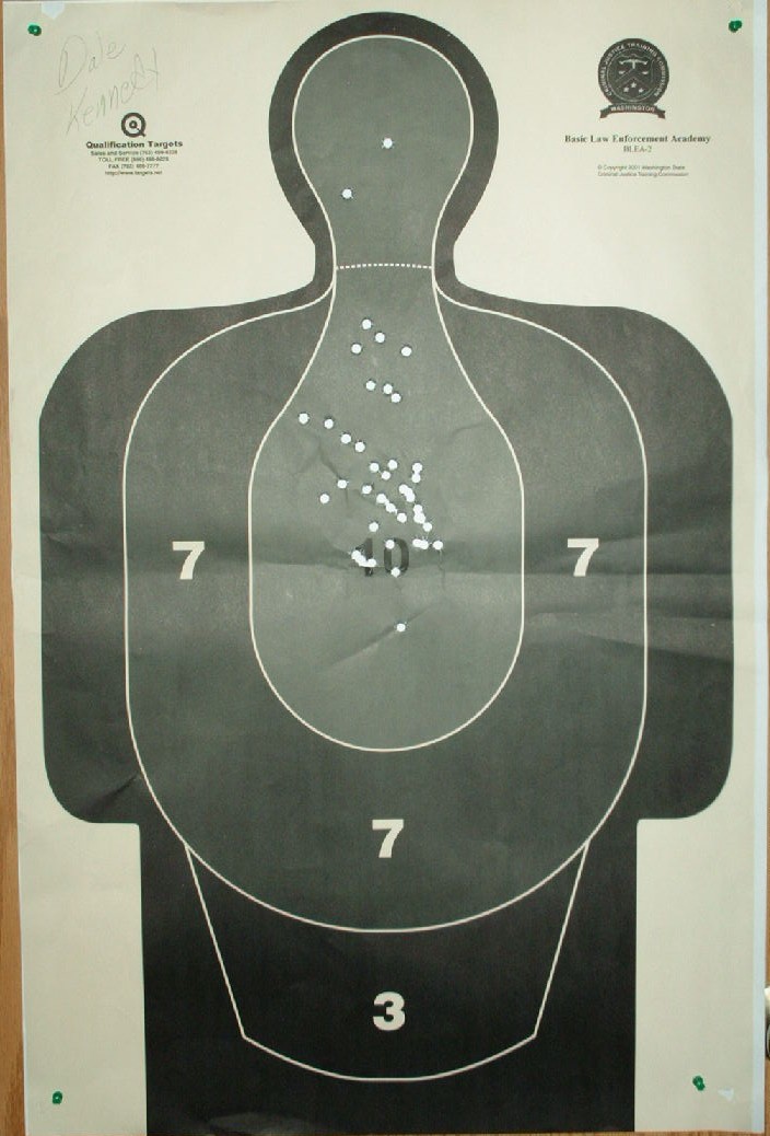 Paper silhouette shooting target with bullet holes, marked Dale Kennedy