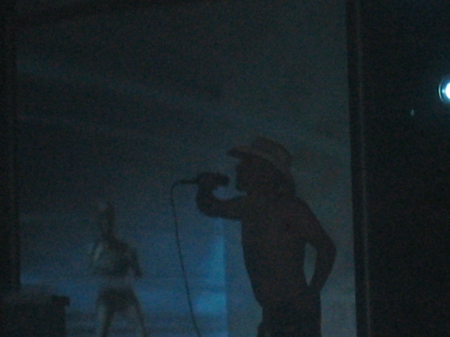 Silhouette of a person with a cowboy hat holding a microphone on stage