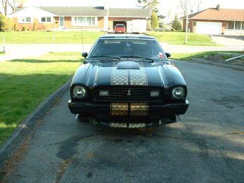 1978 Ford Mustang II - Front view of a black 1978 Ford Mustang II Cobra II, distinctive gold racing stripes and a hood scoop.