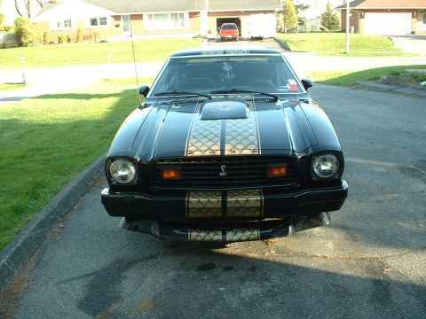 1978 Ford Mustang II - Front view of a black 1978 Ford Mustang II parked in a driveway with gold racing stripes.