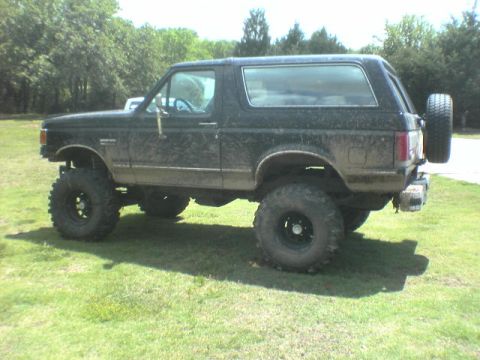 1991 Ford Bronco - Side view of a lifted black 1991 Ford Bronco on a grassy area.