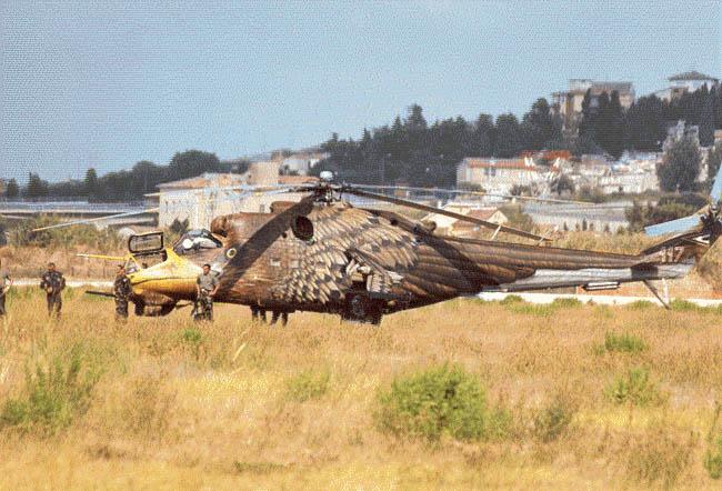 Military helicopter with eagle camouflage design on its side, parked in a grassy field near buildings. Another smaller yellow aircraft is visible behind it