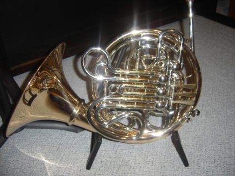 1999 Ford Taurus - A brass French horn is displayed on a stand, its intricate tubing gleaming.