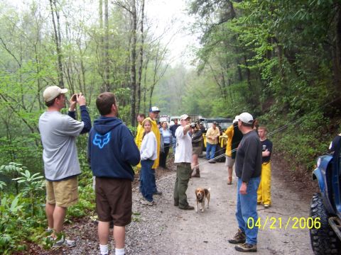 1995 Ford Bronco - People gather on a dirt road with several off-road vehicles in a wooded area on a cloudy day.