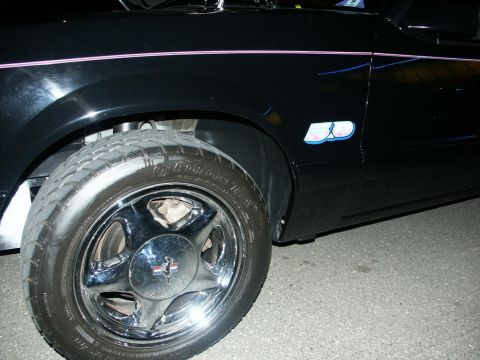 2001 Mercury Grand Marquis - Close-up of a black car's fender, showing a pink pinstripe and a fender emblem.