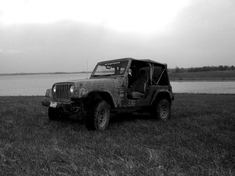 1998 Jeep TJ - A Jeep Wrangler sits in a field with a soft top and no doors, under an overcast sky.