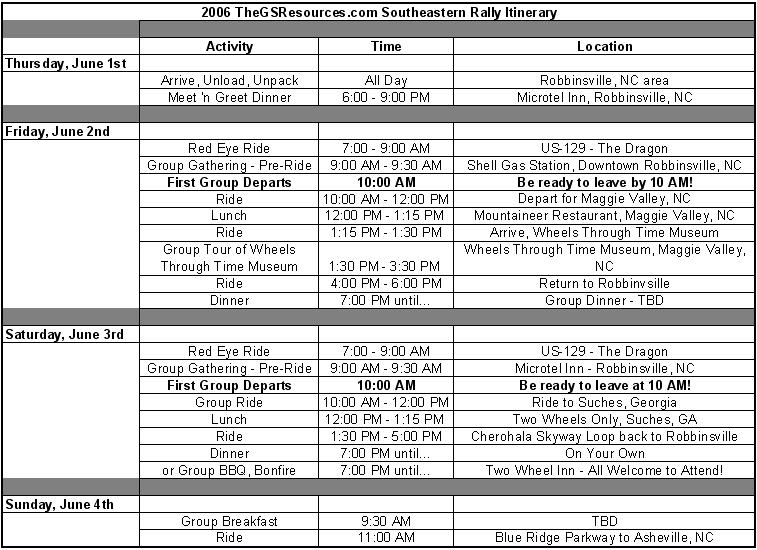 2006 Southeastern Rally itinerary table of activities, times, and locations
